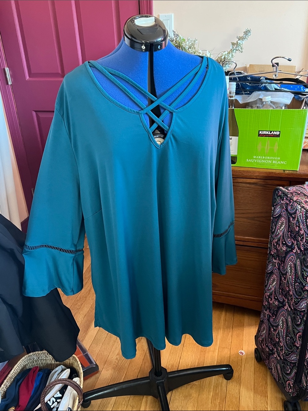Avenue Teal Crisscross V-Neck Flutter Sleeve Tunic